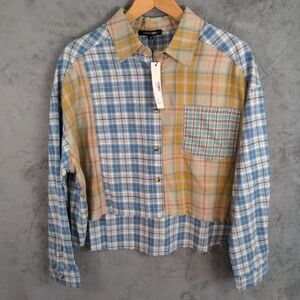 NWT Papermoon Cropped Flannel Plaid Shirt Long Sleeve Button Down Sz S Oversized